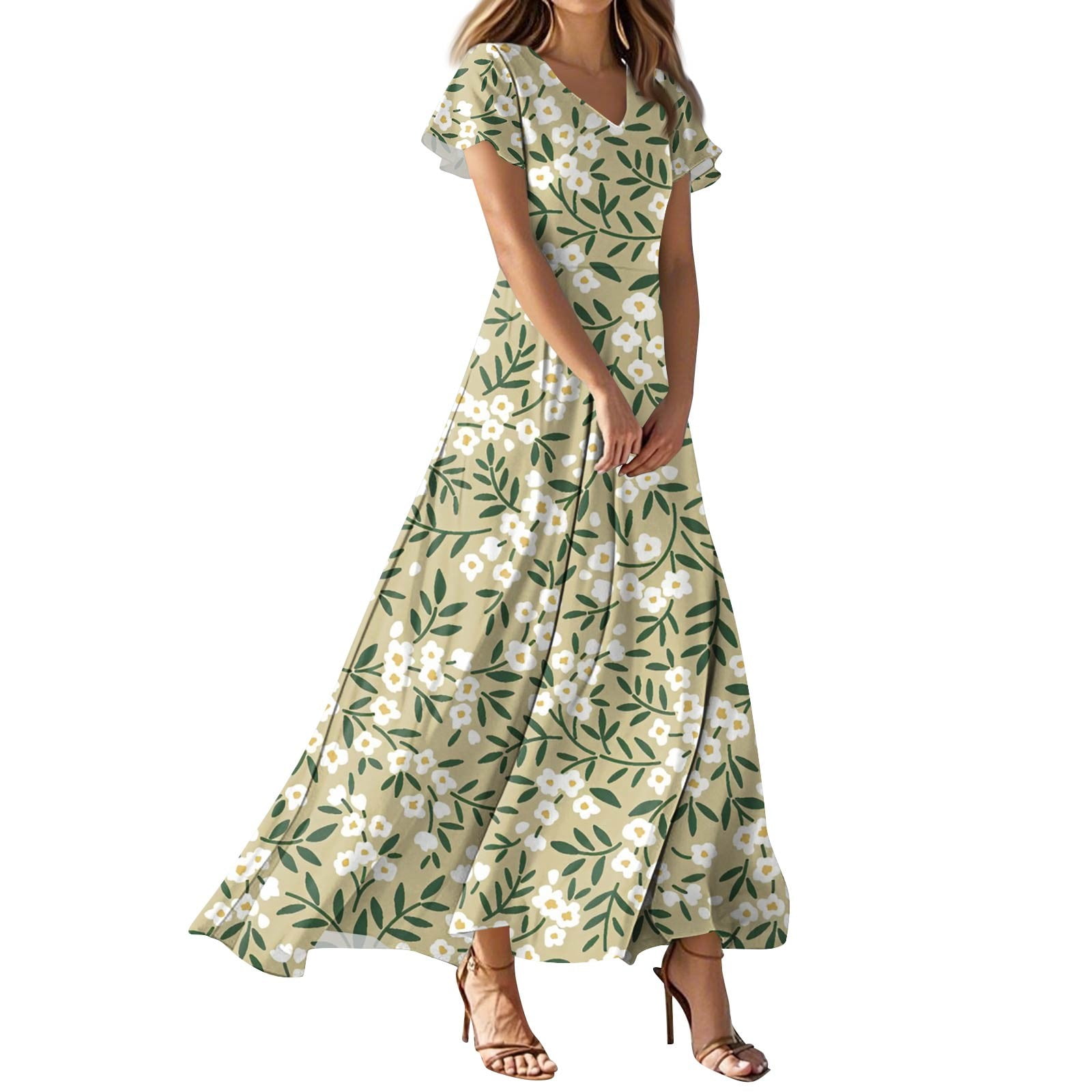 TQWQT Womens Plus Size Spring Dress Short Sleeve Floral Formal Maxi Dresses  V Neck Casual Church Dress Easter Wedding Guestes Dress Army Green L