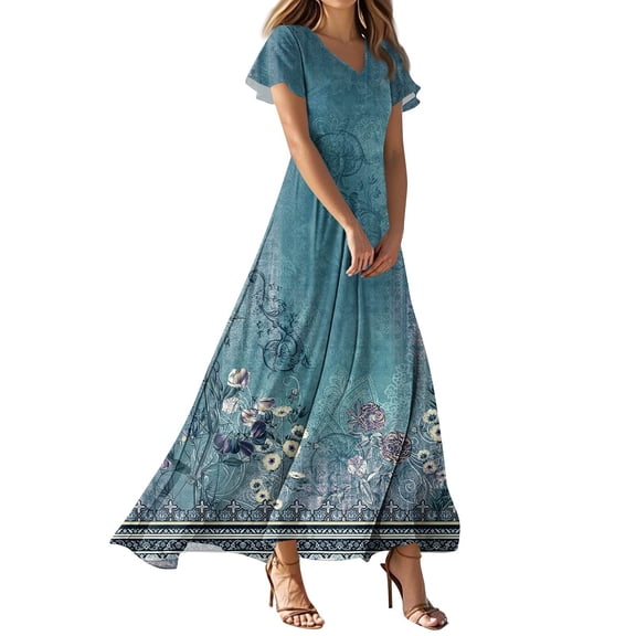 TQWQT Womens Plus Size Summer Dress Casual Long Floral Dresses V-neck Short Sleeve Chiffon Dress Boho Cute Tiered Dresses Blue XXL