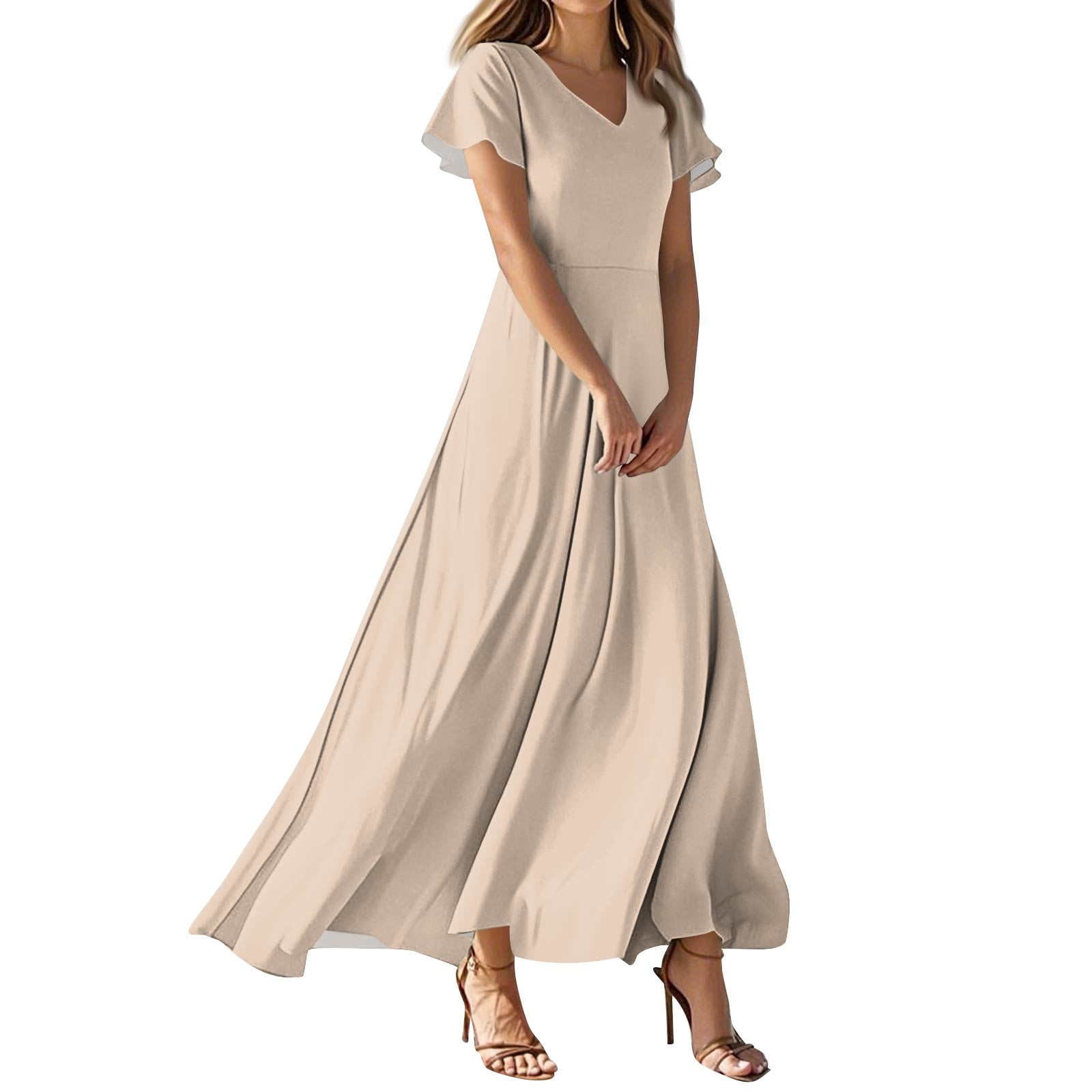 TQWQT Womens Plus Size Summer Dress Short Sleeve Beige Flowy Maxi Dresses  V-neck Casual Chiffon Dress Tiered Wedding Guestes Dress Beige XS -  Walmart.com