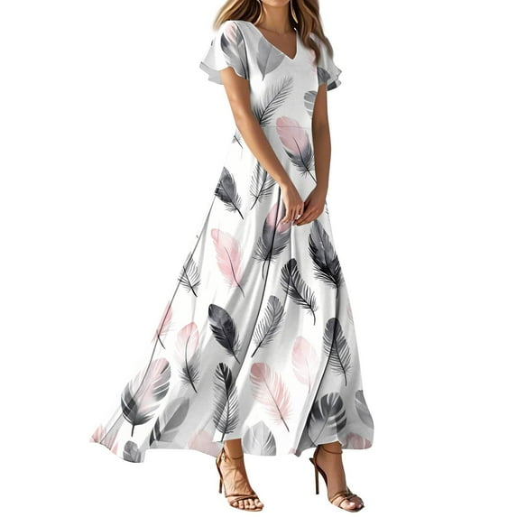 TQWQT Womens Plus Size Summer Dresses Casual Long Floral Dress V Neck Short Sleeve Wedding Guestes Boho Beach Tiered Dresses Multicolor L