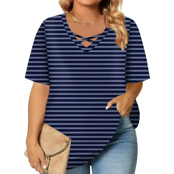 TQWQT Womens Plus Size Summer Tops 2025 4x-5x V Neck Criss Cross Tunic Shirts Striped Color Block T-Shirt Short Sleeve Shirts Dressy Casual Summer Clothes 4XL