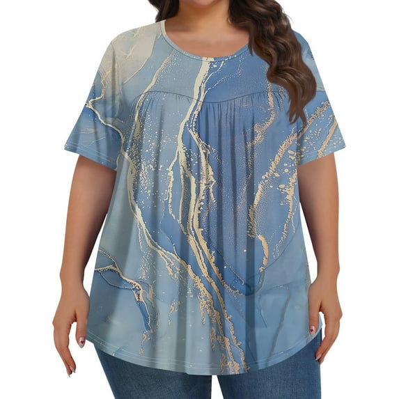 TQWQT Womens Plus Size Summer Tops 2024 Flowy Crew Neck Tshirts Color Block Pleated Tops Short Sleeve Tunic Tops Loose Casual Clothes for Women Sky Blue 2XL
