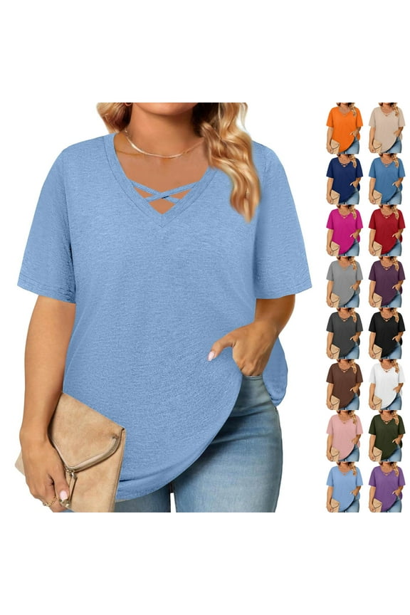 Womens Plus Size Summer Tops 2024 Sexy Short Sleeve Tops Army Green Basic Plain Tees V Neck Criss Cross T Shirts Loose Casual Clothes for Women 4XL