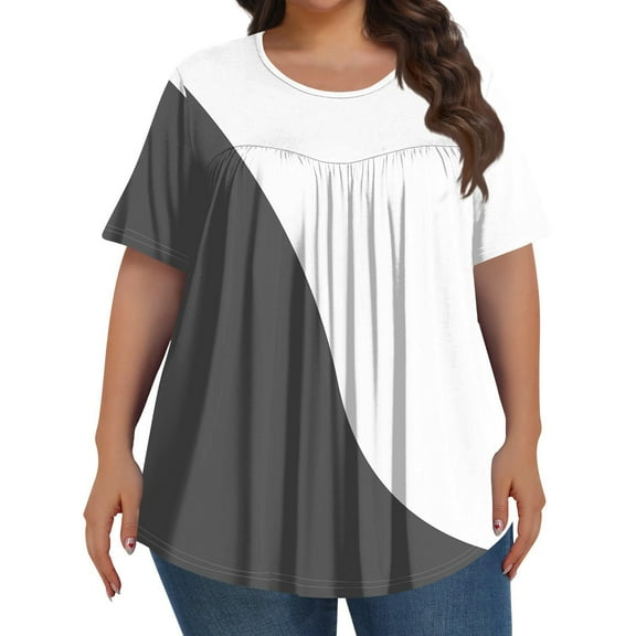 TQWQT Womens Plus Size Summer Tops 4x-5x Flowy Short Sleeve Shirts Color Block Pleated T-Shirt Crew Neck Tunic Shirts Loose Casual Tunics Blouses Gray L