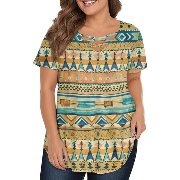 TQWQT Womens Plus Size Summer Tops 4x-5x Womens Top V Neck Criss Cross Short Sleeve Tunic Womens Tops Plus Size Dressy Casual Aztec Graphic Tees Women Loose Fit Clothes Light Blue 4XL