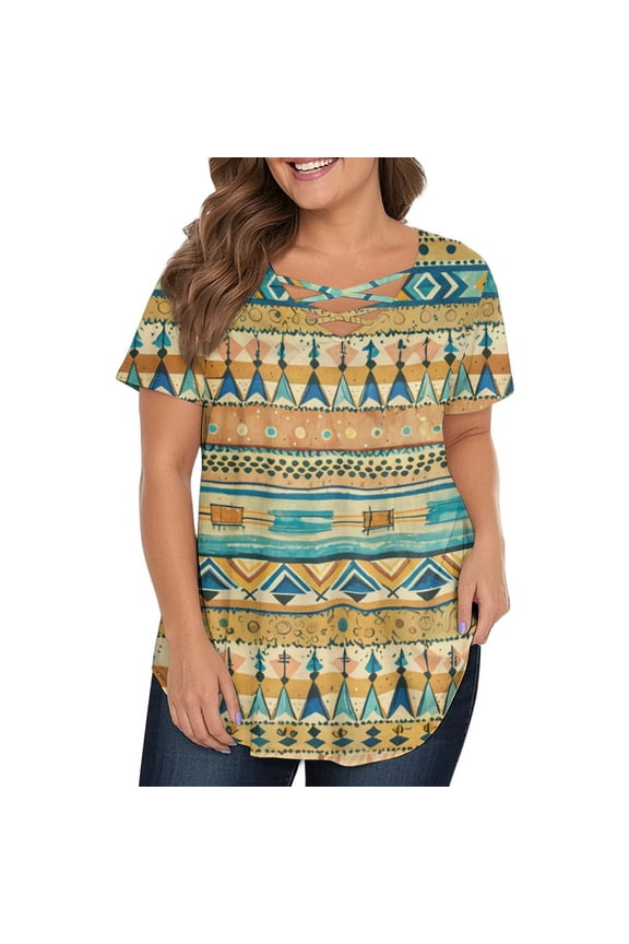 TQWQT Womens Plus Size Summer Tops 4x-5x Womens Top V Neck Criss Cross Short Sleeve Tunic Womens Tops Plus Size Dressy Casual Aztec Graphic Tees Women Loose Fit Clothes Light Blue 4XL
