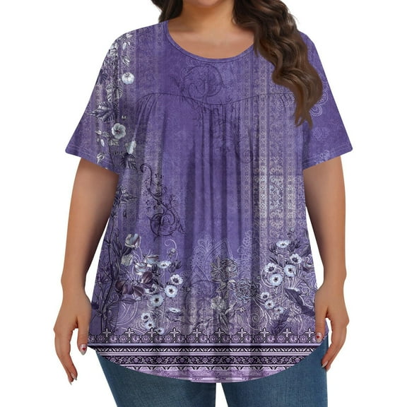 TQWQT Womens Plus Size Summer Tops Cute Womens Size 4x Tops Crew Neck Plus Size Tunics Short Sleeve Dressy Casual Floral Pleated Tops Loose Fit Summer Curvy Women Outfits Purple L