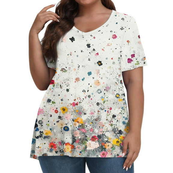 TQWQT Womens Plus Size Tops 4x-5x Cute Short Sleeve Tops Floral Print T-Shirt V Neck Tshirts Loose Fit Casual Summer Clothes White L