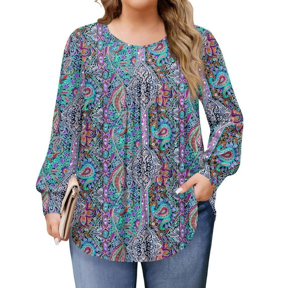 TQWQT Womens Plus Size Tops 4x-5x Flowy Long Sleeve Tunics Shirts Floral Graphic T-Shirt Crewneck Tunic Shirts Loose Casual Fall Clothes Multicolor 2XL