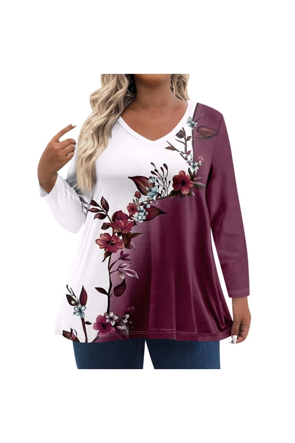 TQWQT Womens Plus Size Tops 4x-5x Long Sleeve Tunics Floral Graphic T-Shirt V-Neck Tunic Fall Casual Tunic Tops Wine 5XL
