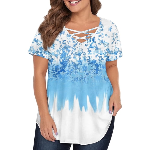 TQWQT Womens Plus Size Tops 4x-5x Plus Size Sexy Tops V Neck Criss Cross Women Plus Sizes Short Sleeve Blouse Floral Print Dressy Casual T Shirts 5x Women Plus Size Clothing Sky Blue L