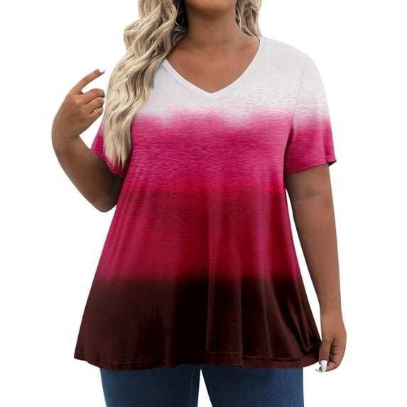 TQWQT Womens Plus Size Tops 4x-5x Plus Size Sexy Tops Womens V Neck Tunic Short Sleeve Tops Gradient Print Dressy Casual Blouses Women Loose Fit Clothes Red 2XL