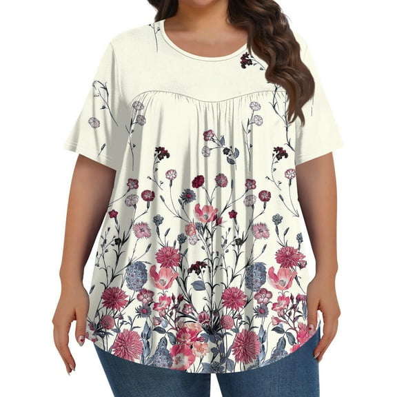 TQWQT Womens Plus Size Tops 4x-5x Summer Crew Neck Shirts Floral Pleated Tops Short Sleeve Tops Loose Casual Summer Curvy Women Outfits Hot Pink L