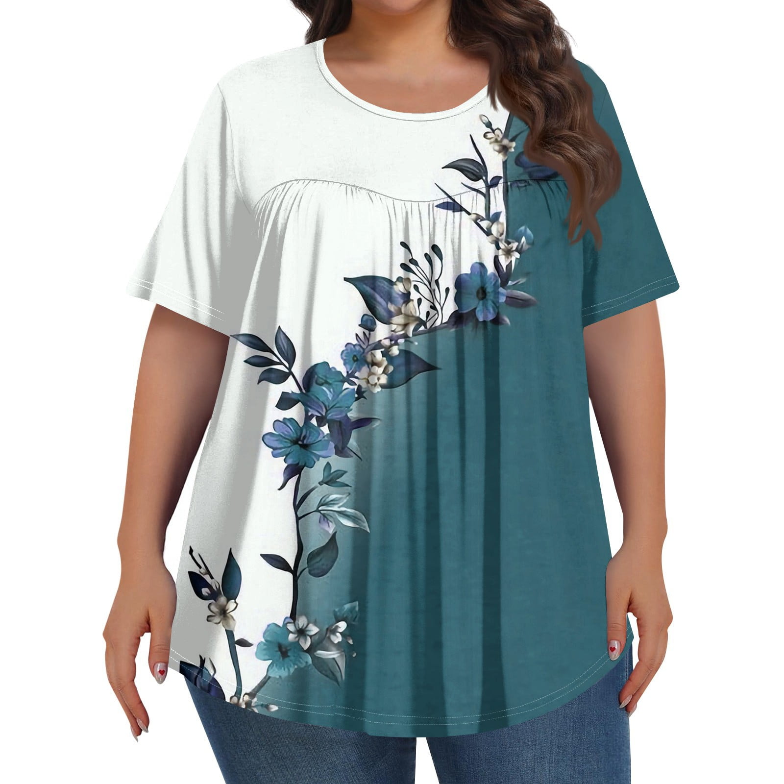 TQWQT Womens Plus Size Tops 4x5x Summer Crew Neck T Shirts Floral
