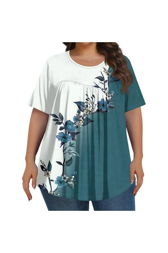 TQWQT Womens Plus Size Tops 4x-5x Summer Crew Neck T Shirts Floral Print T-Shirt Short Sleeve Ladies Tops and Blouses Loose Casual Curvy Women Clothes Army Green L