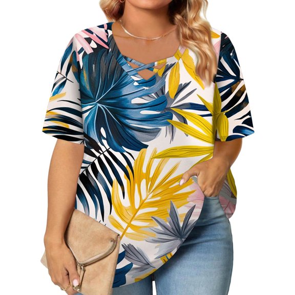 TQWQT Womens Plus Size Tops 4x-5x Summer Short Sleeve Tunic Tops Floral Graphic T-Shirt V Neck Criss Cross Tshirts Loose Casual Outfits for Women L