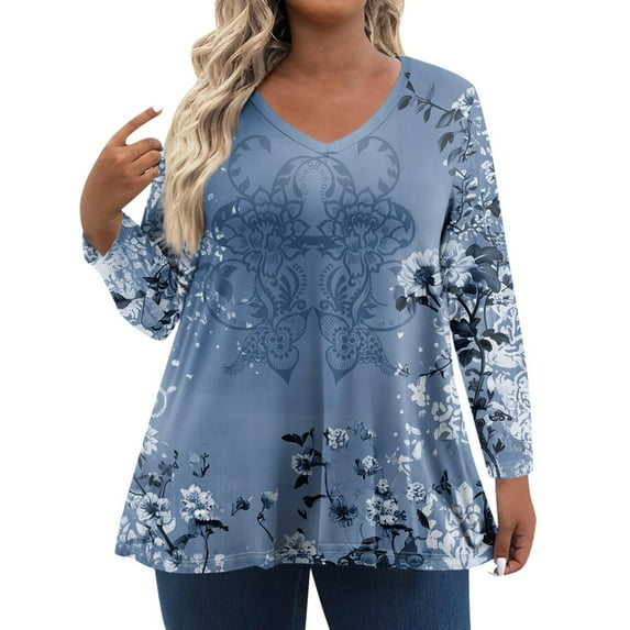 TQWQT Womens Plus Size Tops 4x-5x Trendy Long Sleeve Blouses Floral Print T-Shirt V Neck Tunic Shirts Loose Casual Trendy Tunics Sky Blue L