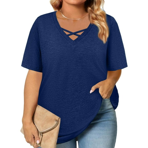 TQWQT Womens Plus Size Tops 4x-5x Trendy Short Sleeve Tunics Shirts Dark Blue V Neck Criss Cross T Shirts Loose Casual Summer Clothes XL