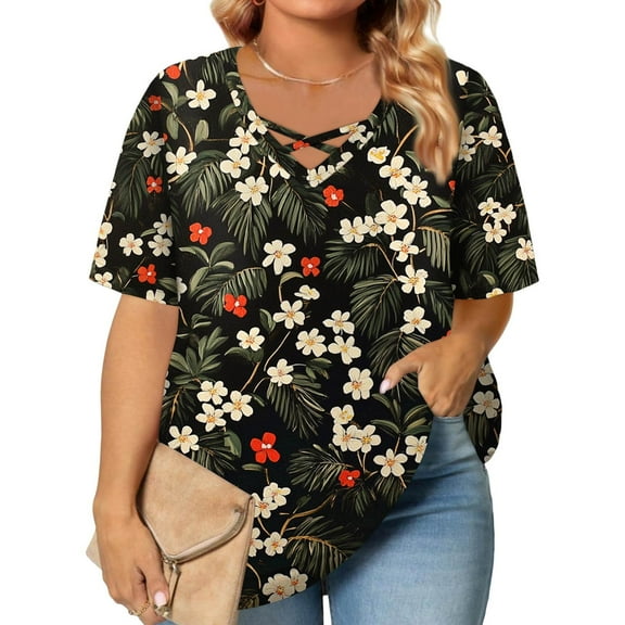 TQWQT Womens Plus Size Tops 4x-5x Trendy V Neck Criss Cross Tshirts Floral Graphic T-Shirt Short Sleeve Tunic Tops Loose Casual Clothes for Women 3XL