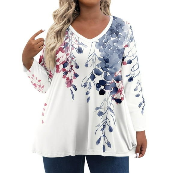 TQWQT Womens Plus Size Tops 4x-5x Trendy V Neck Tunic Shirts Floral Print T-Shirt Long Sleeve Tops Loose Fit Casual Outfits for Women White 4XL