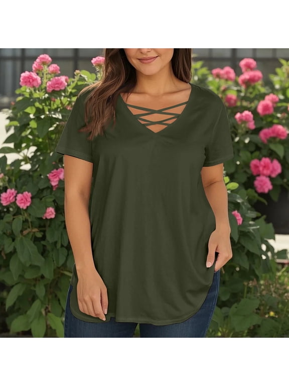 Womens Plus Size Tops Casual Loose Fit Cute Shirt V Neck Criss Cross Short Sleeve Basic Plain T-Shirt Summer Tunic Tops Army Green 4XL