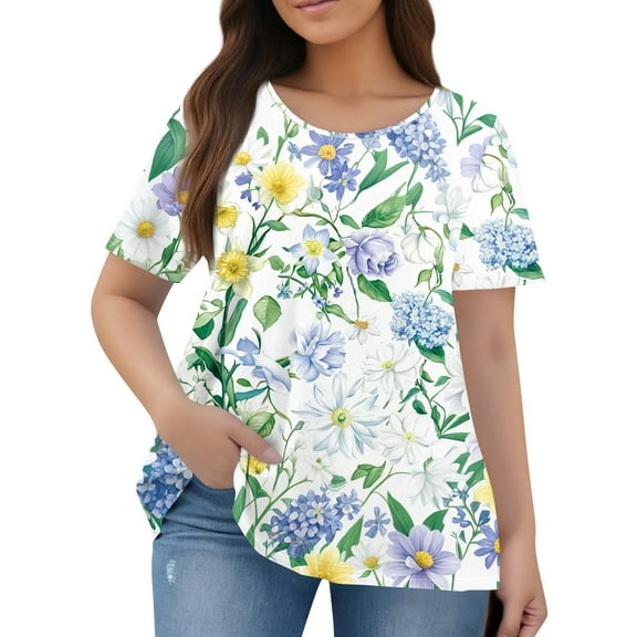 TQWQT Womens Plus Size Tops Casual Loose Fit Cute Tees Short Sleeve Round Neck Floral Graphic T-Shirt Summer Trendy Tunics Green L