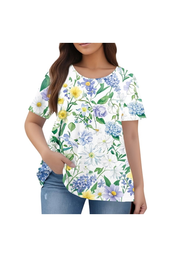 TQWQT Womens Plus Size Tops Casual Loose Fit Cute Tees Short Sleeve Round Neck Floral Graphic T-Shirt Summer Trendy Tunics Green L