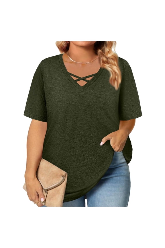 TQWQT Womens Plus Size Tops Casual Loose Fit Cute Tunic Short Sleeve V Neck Criss Cross Army Green Basic Plain T-Shirt Summer Trendy Tunics 3XL