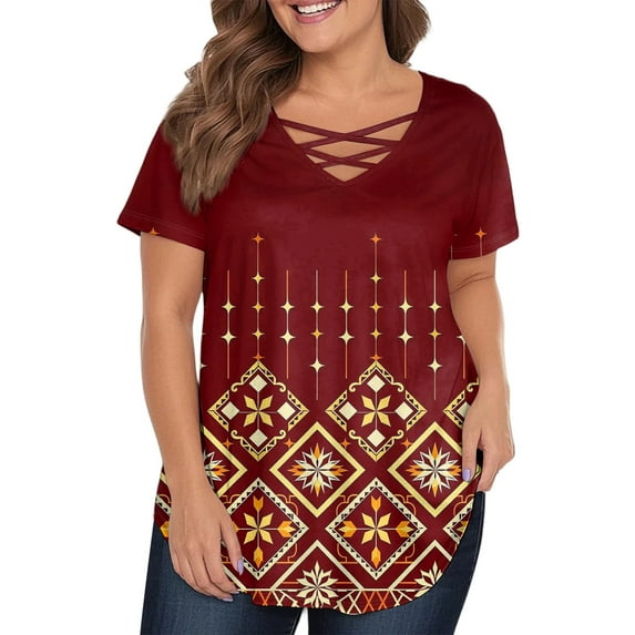 TQWQT Womens Plus Size Tops Casual Loose Fit Cute Tunics Short Sleeve V-Neck Criss Cross Aztec Graphic T-Shirt Summer Tunic Tops Wine XL