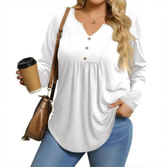 TQWQT Womens Plus Size Tops Casual Loose Fit Flowy Shirt V Neck Henley Long Sleeve Basic Tees Blouses Fall Trendy Tunics White 4XL