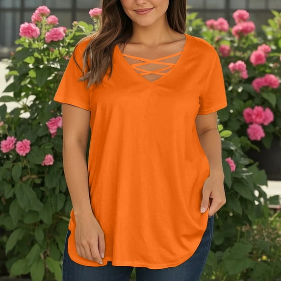 TQWQT Womens Plus Size Tops Casual Loose Fit Going Out T Shirts Short Sleeve V-Neck Criss Cross Basic Plain T-Shirt Summer Tunics Blouses Orange XL