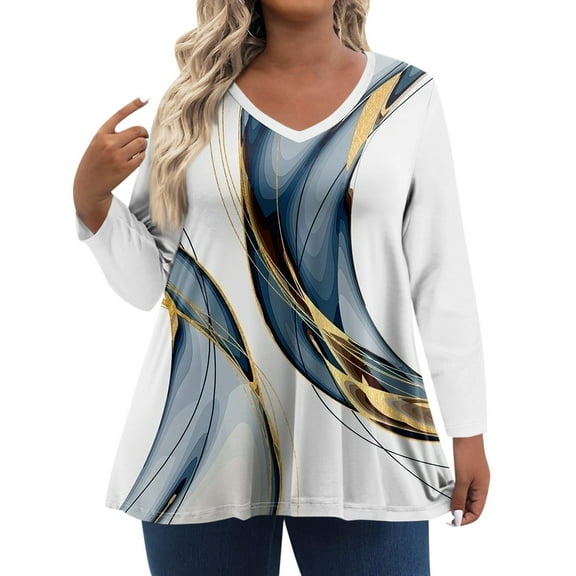 TQWQT Womens Plus Size Tops Casual Loose Fit Going Out Tunics Long Sleeve V-Neck Floral Print Blouses Fall Tunics Blouses Royal Blue 5XL