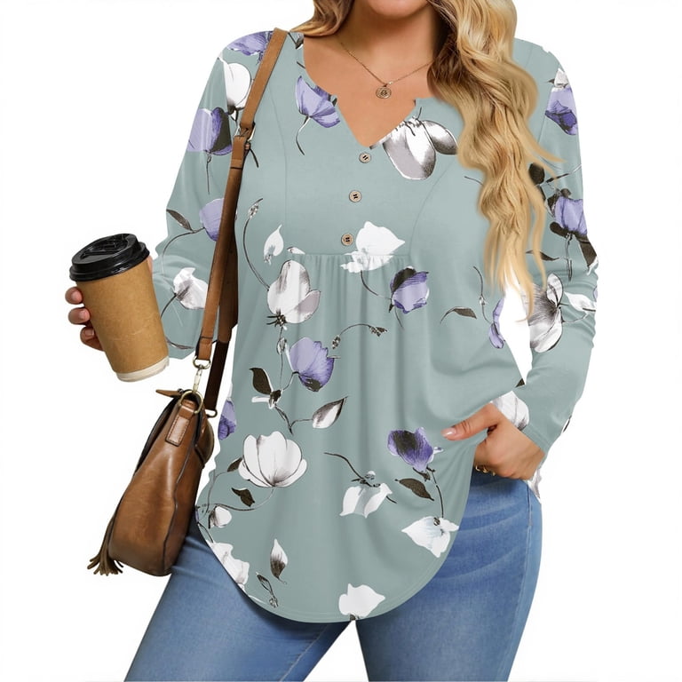 TQWQT Womens Plus Size Tops Plus Size Womens Classy Tops V Neck Henley  Floral Print Long Sleeve Tops Dressy Casual Tunics Loose Fit Clothes for  Women Multicolor 4XL - Walmart.com