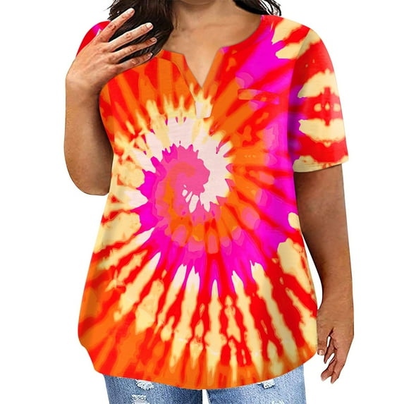TQWQT Womens Plus Size Tops Summer Casual Cute Tee Shirt V Neck Short Sleeve Gradient Color T-Shirt 4x-5x Tunics Blouses with Pocket Hot Pink 5XL
