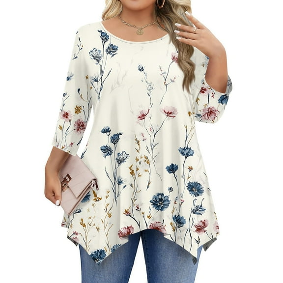 TQWQT Womens Plus Size Tops Cute Womens Tops 4x Plus Size Crewneck Floral Print Long Sleeve Tops Dressy Casual T Shirts 5x Women Plus Size Clothing Beige L