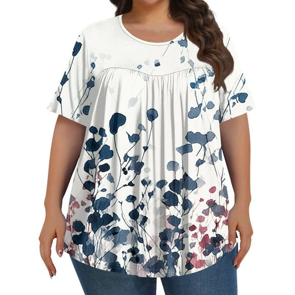 TQWQT Womens Plus Size Tops Dressy Casual Cute T Shirts Crew Neck Short Sleeve Floral Print Blouses Summer Trendy Tunics Dark Blue XL
