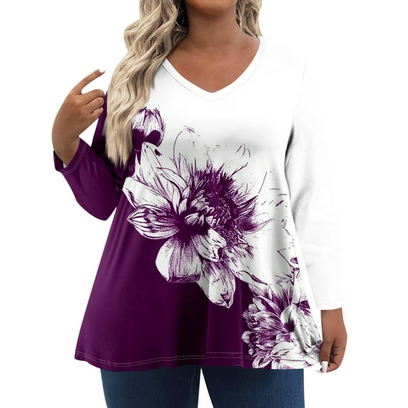 TQWQT Womens Plus Size Tops Dressy Fall Cute Tunic Long Sleeve V Neck Floral Print Blouses 4x-5x Casual Trendy Tunics Dark Purple 5XL