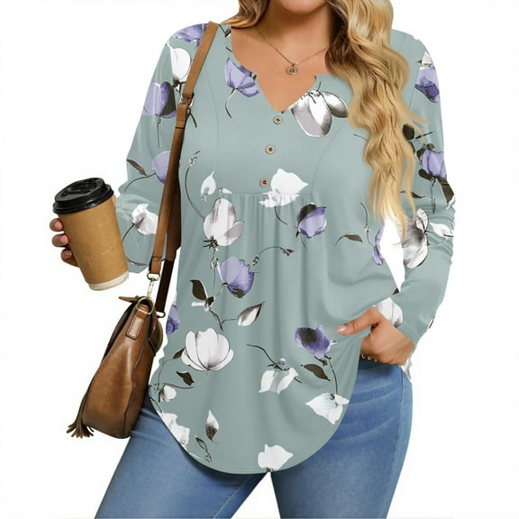 TQWQT Womens Plus Size Tops Dressy Fall V Neck Henley Tunic Shirts Floral Graphic Tees Long Sleeve Tee Shirt Tops Loose Fit Casual Tunic Tops Multicolor L