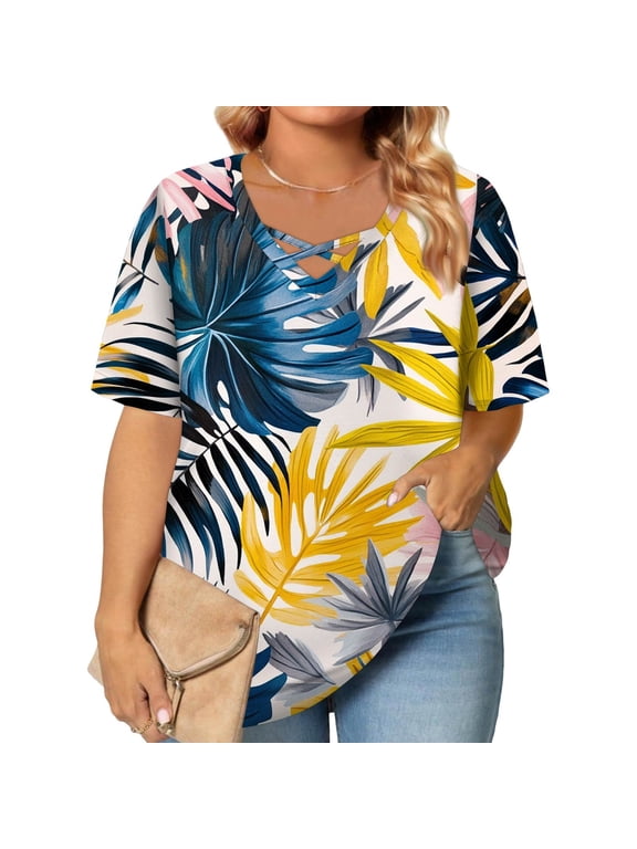 Womens Plus Size Tops Dressy Summer Going Out Shirts Short Sleeve V-Neck Criss Cross Floral Print Blouses 4x-5x Casual Tunics Blouses 3XL