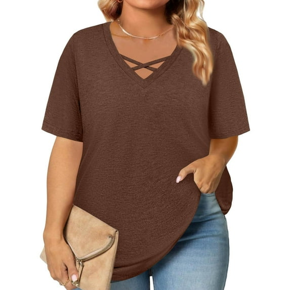 TQWQT Womens Plus Size Tops Dressy Summer Sexy Tees Shirt Short Sleeve V Neck Criss Cross Coffee Basic Plain T-Shirt 4x-5x Casual Tunics Blouses 2XL