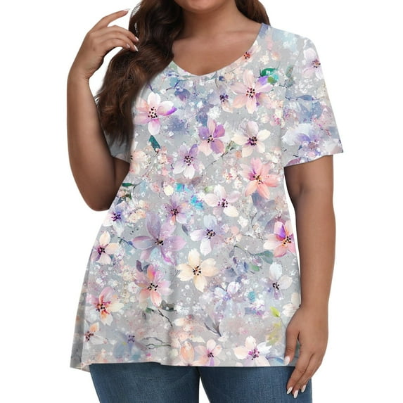 TQWQT Womens Plus Size Tops Dressy Summer V Neck T Shirts Floral Print T-Shirt Short Sleeve Tunic Tops Large Casual Womens Clothing Purple Pink L