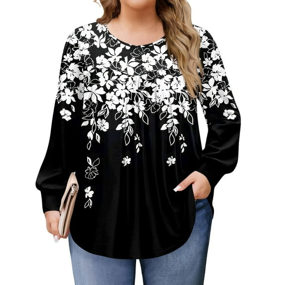 TQWQT Womens Plus Size Tops Fall Casual Cute Tees Crewneck Long Sleeve Floral Print Blouses Fall Tunics Blouses Black 4XL