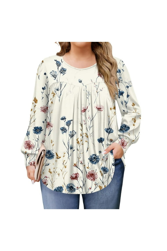 Womens Plus Size Tops Fall Casual Flowy Tees Crewneck Long Sleeve Floral Graphic T-Shirt 4x-5x Trendy Tunics Beige 5XL