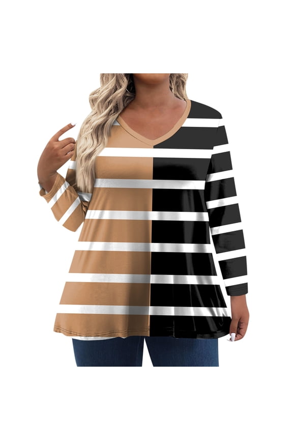 TQWQT Womens Plus Size Tops Fall Sexy Plus Size Tops V Neck Striped Print Long Sleeve Tops Dressy Casual Blouses 4x Womens Plus Size Clothes Light Brown 2XL