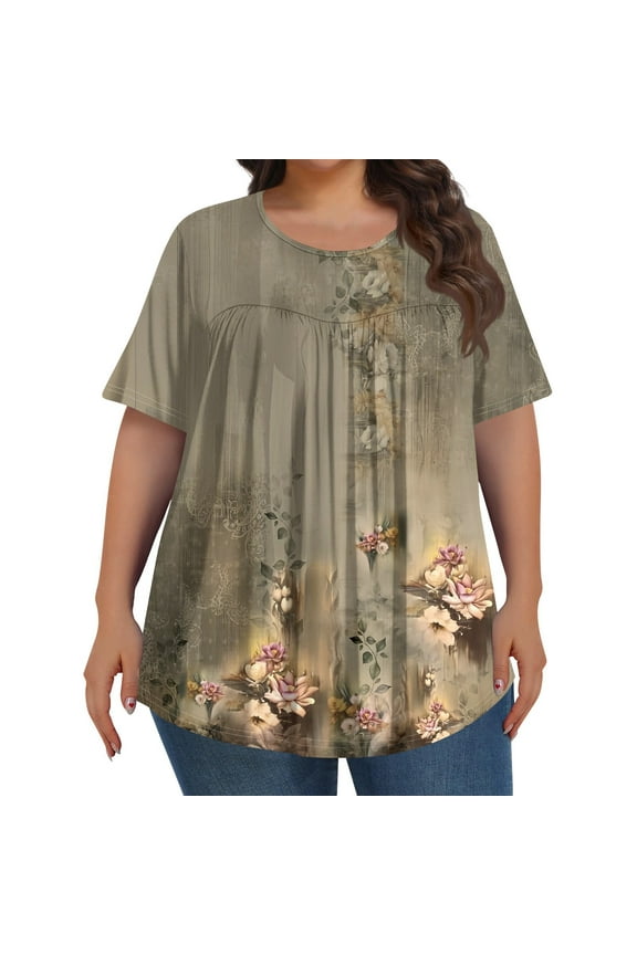TQWQT Womens Plus Size Tops Fashion 3x Women Tunic Crew Neck Floral Print Short Sleeves Tee Dressy Casual Blouses 5x Women Plus Size Clothing Mint Green 5XL