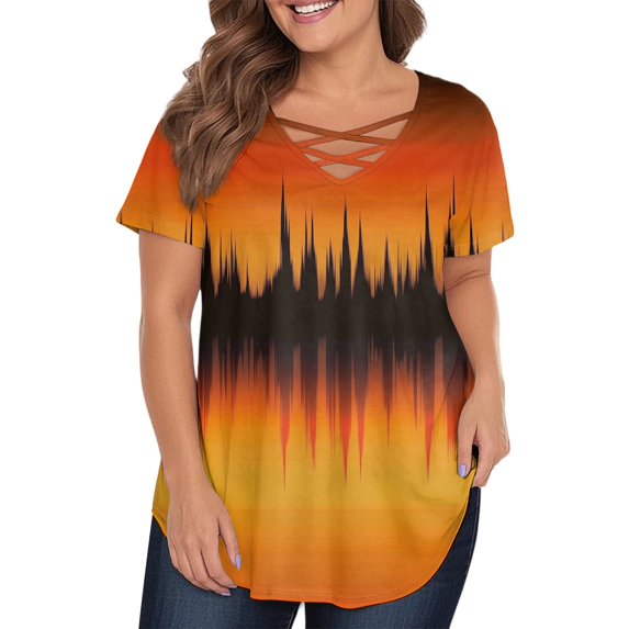 TQWQT Womens Plus Size Tops Fashion 4x Womens Top V Neck Criss Cross Womens Plus Size Tops Short Sleeve Ethnic Floral Print Dressy Casual Blouses Plus Size Womens Clothes Orange XL