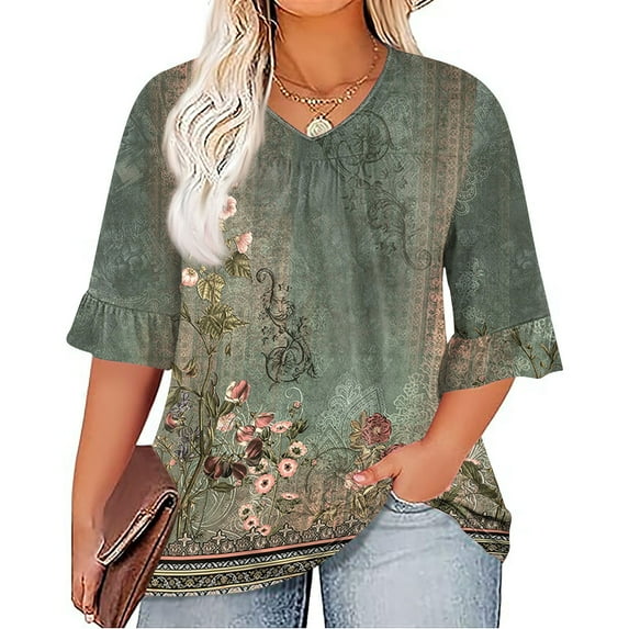 TQWQT Womens Plus Size Tops Loose Casual Cute Shirts V Neck Pleated Ruffle 3/4 Sleeve Ethnic Floral Graphic T-Shirt Summer Tunic Tops Army Green 5XL