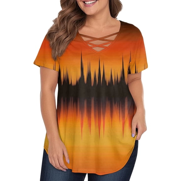 TQWQT Womens Plus Size Tops Loose Casual Going Out Tunic Short Sleeve V-Neck Criss Cross Ethnic Floral Graphic T-Shirt Summer Trendy Tunics Orange 2XL