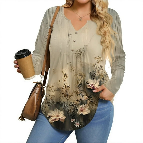 TQWQT Womens Plus Size Tops Loose Fit Casual Cute Shirts V Neck Henley Long Sleeve Floral Graphic T-Shirt Fall Tunic Tops Gray 3XL