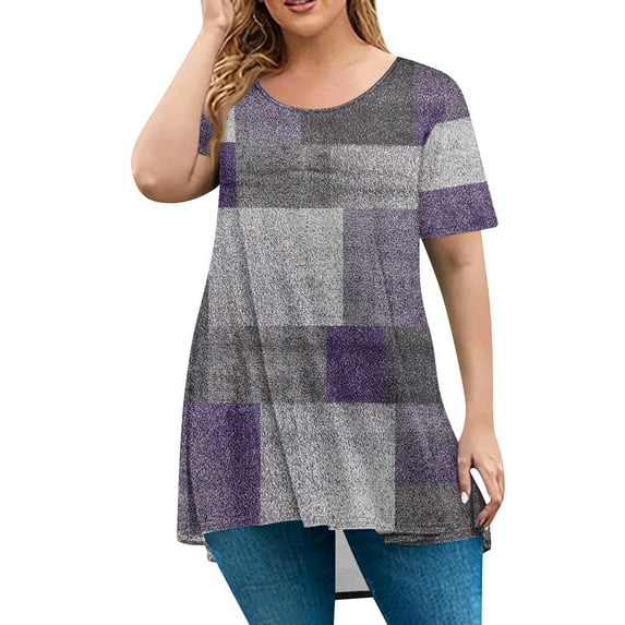 TQWQT Womens Plus Size Tops Loose Fit Casual Going Out Shirt Short Sleeve Crewneck Floral Graphic T-Shirt Summer Trendy Tunics Purple 3XL